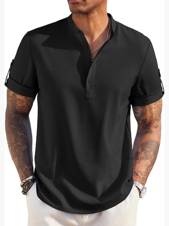 Other - Casual Henley Shirt Short Sleeve Band Collar Linen Summer Beach Tee